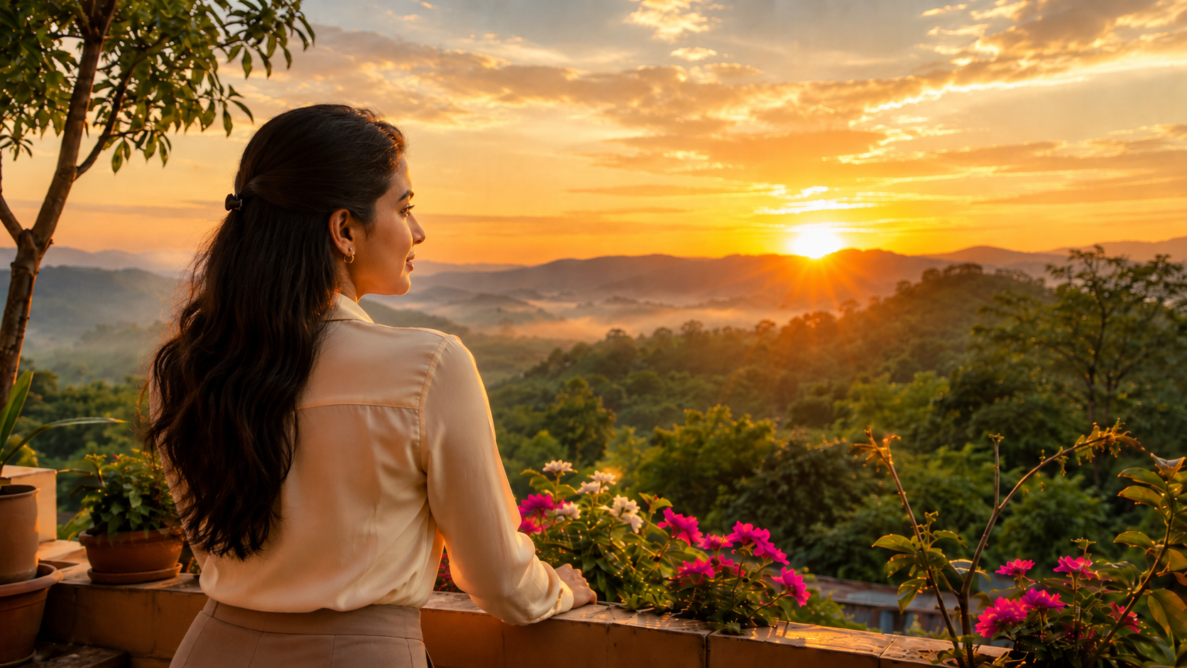 A woman in semi-formal attire gazing thoughtfully at a serene sunrise